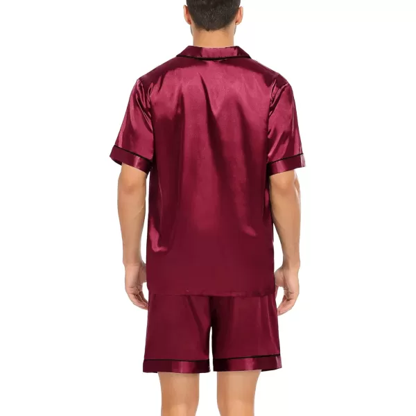 SWOMOG Satin Matching Pajamas Sets Couple Silk Button Down Nightwear Short Sleeve Sleepwear 2 Pieces Loungewear with ShortsWine Redmen