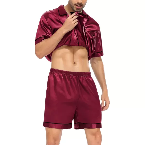 SWOMOG Satin Matching Pajamas Sets Couple Silk Button Down Nightwear Short Sleeve Sleepwear 2 Pieces Loungewear with ShortsWine Redmen