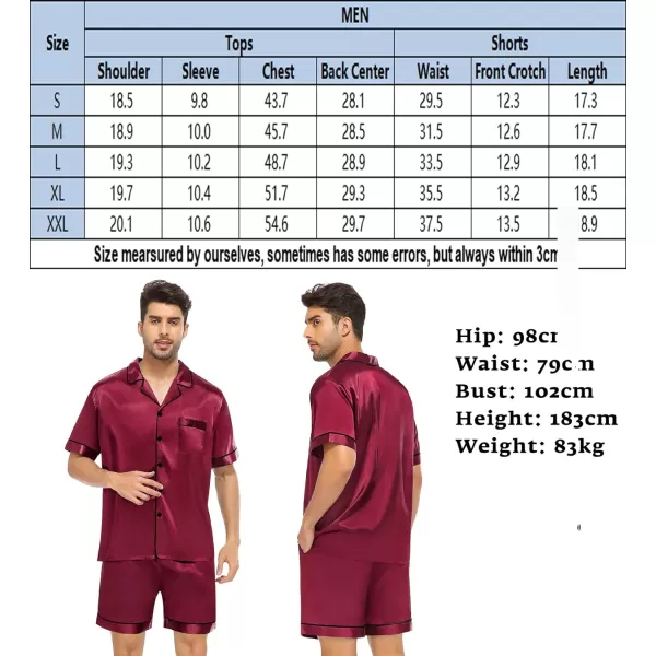 SWOMOG Satin Matching Pajamas Sets Couple Silk Button Down Nightwear Short Sleeve Sleepwear 2 Pieces Loungewear with ShortsWine Redmen