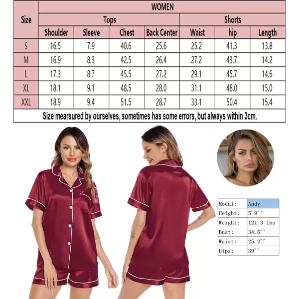 SWOMOG Satin Matching Pajamas Sets Couple Silk Button Down Nightwear Short Sleeve Sleepwear 2 Pieces Loungewear with ShortsWine Redwomen No Pocket