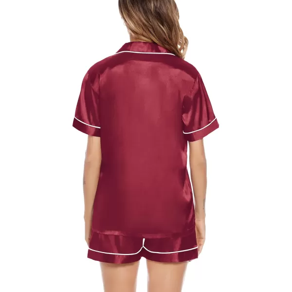 SWOMOG Satin Matching Pajamas Sets Couple Silk Button Down Nightwear Short Sleeve Sleepwear 2 Pieces Loungewear with ShortsWine Redwomen No Pocket