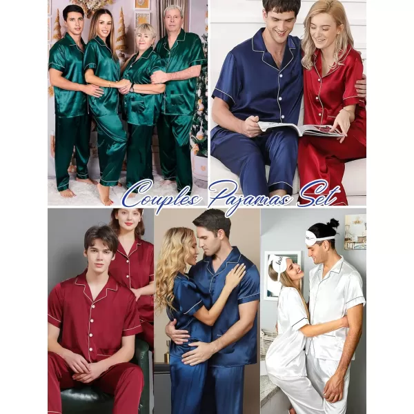 SWOMOG Satin Matching Pajamas Sets Silk Couple Pj Button Down Loungewear 2 Pieces Short Sleeve Sleepwear Nightwear with PantsMen Black