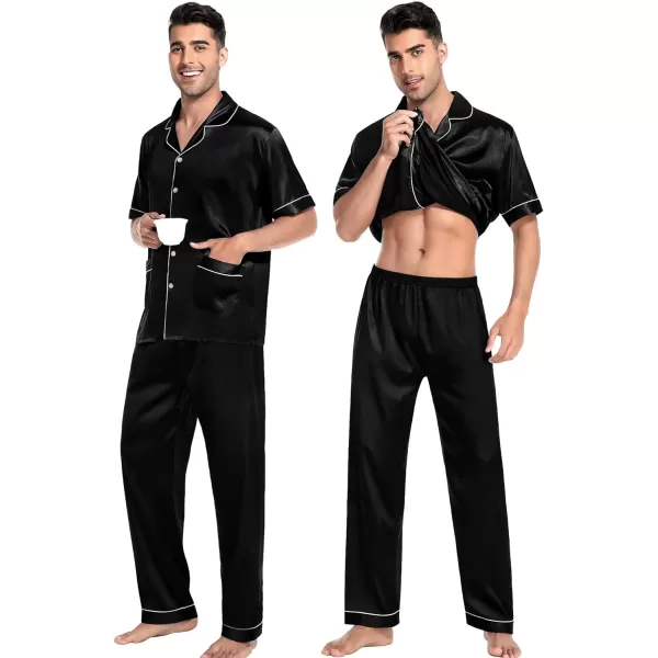 SWOMOG Satin Matching Pajamas Sets Silk Couple Pj Button Down Loungewear 2 Pieces Short Sleeve Sleepwear Nightwear with PantsMen Black