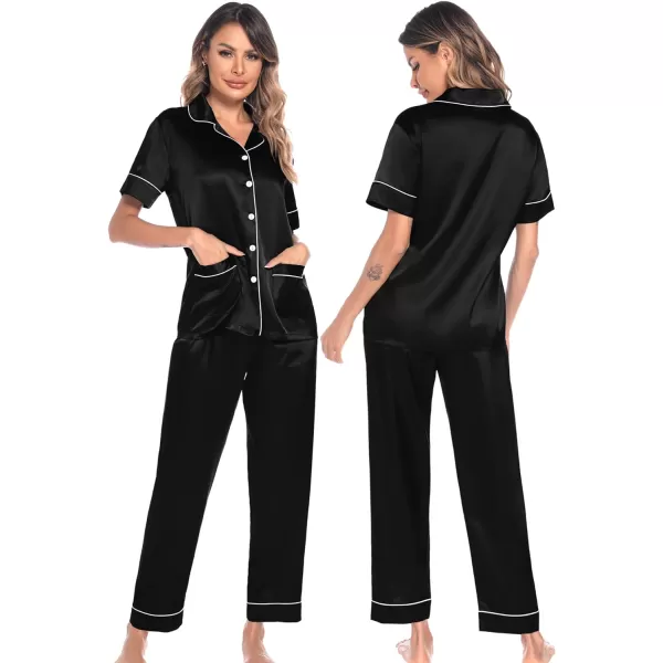 SWOMOG Satin Matching Pajamas Sets Silk Couple Pj Button Down Loungewear 2 Pieces Short Sleeve Sleepwear Nightwear with PantsMen Black