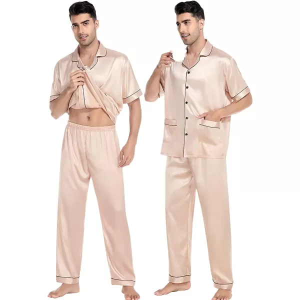 SWOMOG Satin Matching Pajamas Sets Silk Couple Pj Button Down Loungewear 2 Pieces Short Sleeve Sleepwear Nightwear with PantsMen Champagne