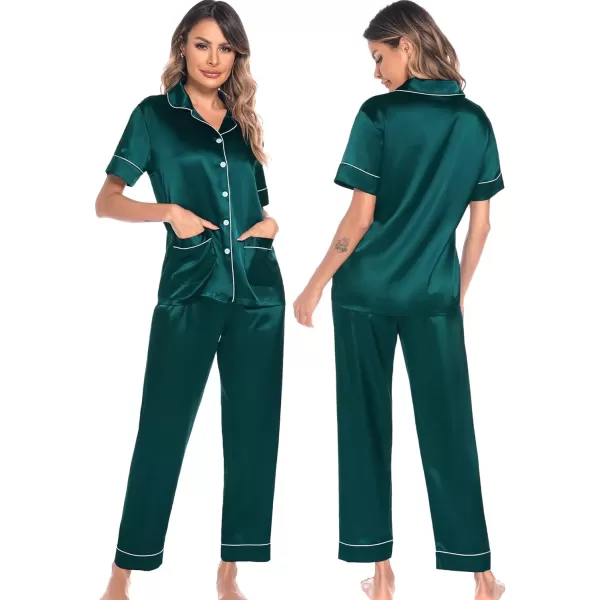 SWOMOG Satin Matching Pajamas Sets Silk Couple Pj Button Down Loungewear 2 Pieces Short Sleeve Sleepwear Nightwear with PantsMen Deep Green