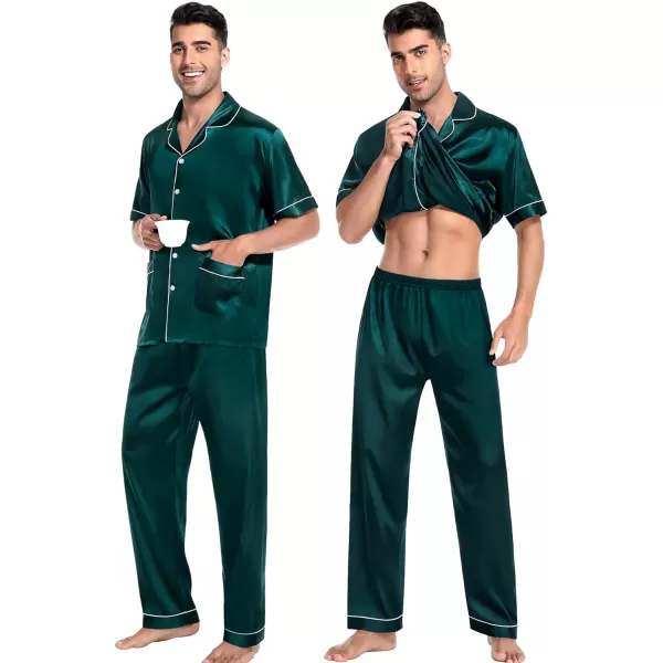 SWOMOG Satin Matching Pajamas Sets Silk Couple Pj Button Down Loungewear 2 Pieces Short Sleeve Sleepwear Nightwear with PantsMen Deep Green