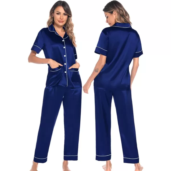 SWOMOG Satin Matching Pajamas Sets Silk Couple Pj Button Down Loungewear 2 Pieces Short Sleeve Sleepwear Nightwear with PantsMen Deep Navy Blue