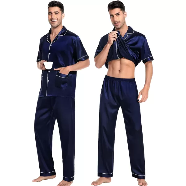 SWOMOG Satin Matching Pajamas Sets Silk Couple Pj Button Down Loungewear 2 Pieces Short Sleeve Sleepwear Nightwear with PantsMen Deep Navy Blue