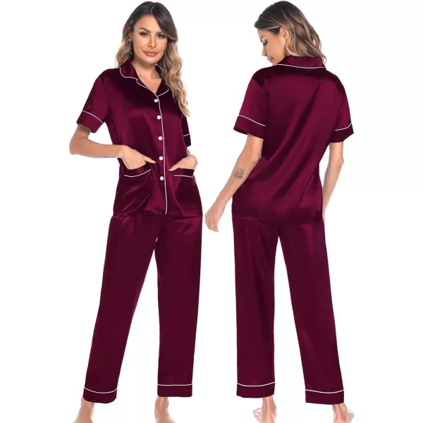 SWOMOG Satin Matching Pajamas Sets Silk Couple Pj Button Down Loungewear 2 Pieces Short Sleeve Sleepwear Nightwear with PantsMen Deep Wine Red