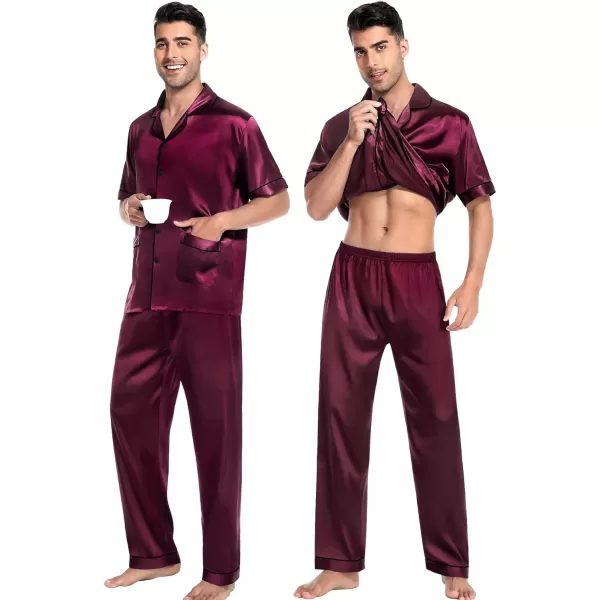 SWOMOG Satin Matching Pajamas Sets Silk Couple Pj Button Down Loungewear 2 Pieces Short Sleeve Sleepwear Nightwear with PantsMen Deep Wine Red