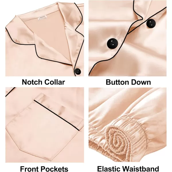 SWOMOG Satin Matching Pajamas Sets Silk Couple Pj Button Down Loungewear 2 Pieces Short Sleeve Sleepwear Nightwear with PantsWomen Champagne