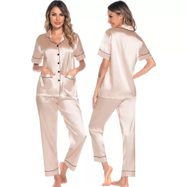 SWOMOG Satin Matching Pajamas Sets Silk Couple Pj Button Down Loungewear 2 Pieces Short Sleeve Sleepwear Nightwear with PantsWomen Champagne