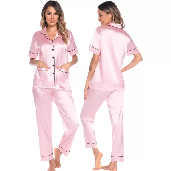 SWOMOG Satin Matching Pajamas Sets Silk Couple Pj Button Down Loungewear 2 Pieces Short Sleeve Sleepwear Nightwear with PantsWomen Pink