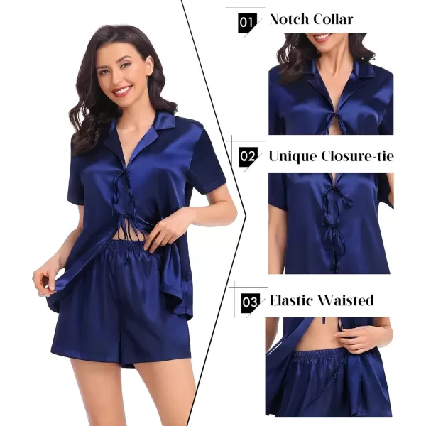 SWOMOG Satin Matching Pajamas Sets for Couple Silk Tie Front Nightwear Short Sleeve Sleepwear 2 Pieces Loungewear with ShortsDark Navy Bluewomen
