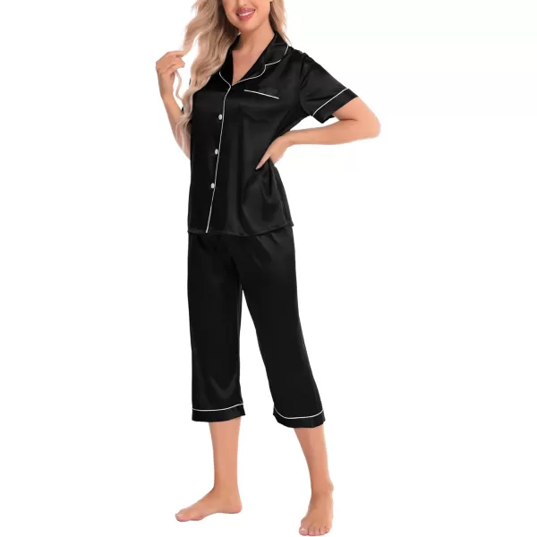 SWOMOG Satin Pajama Set Women Silk Pjs Set Short Sleeve 2 Piece Button Down Sleepwear Lounge SetsBlack