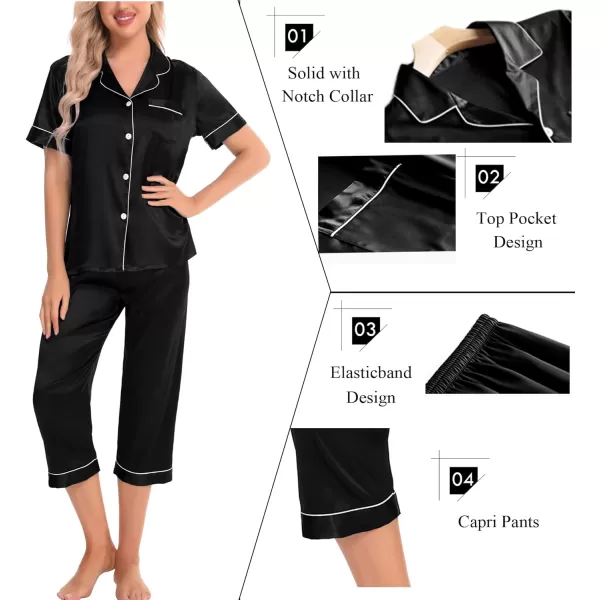 SWOMOG Satin Pajama Set Women Silk Pjs Set Short Sleeve 2 Piece Button Down Sleepwear Lounge SetsBlack