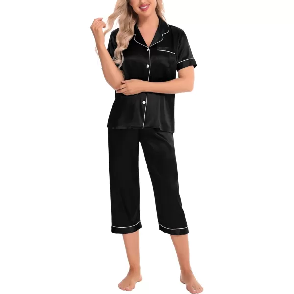 SWOMOG Satin Pajama Set Women Silk Pjs Set Short Sleeve 2 Piece Button Down Sleepwear Lounge SetsBlack