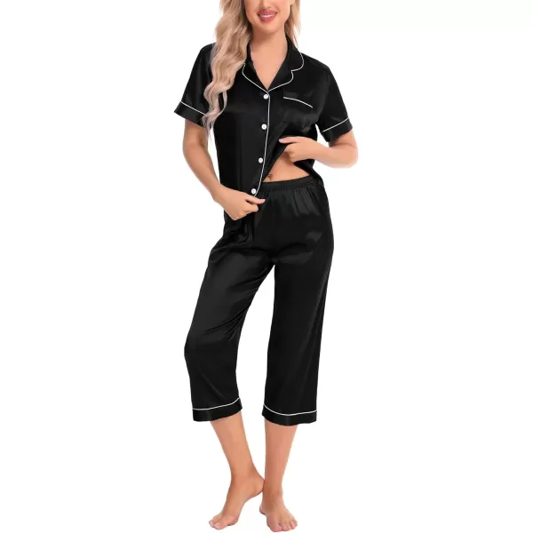 SWOMOG Satin Pajama Set Women Silk Pjs Set Short Sleeve 2 Piece Button Down Sleepwear Lounge SetsBlack