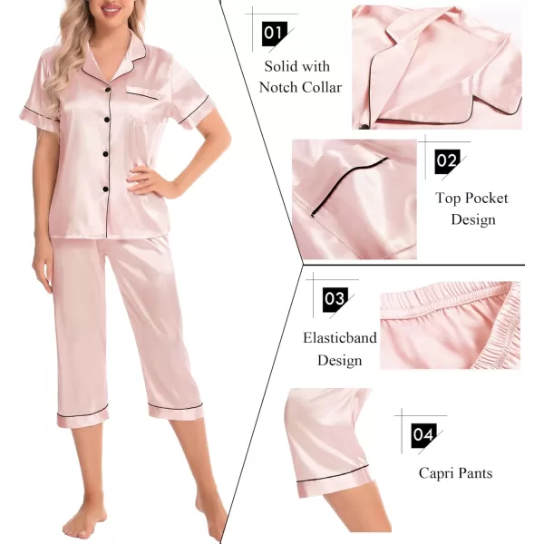 SWOMOG Satin Pajama Set Women Silk Pjs Set Short Sleeve 2 Piece Button Down Sleepwear Lounge SetsBlush Pink