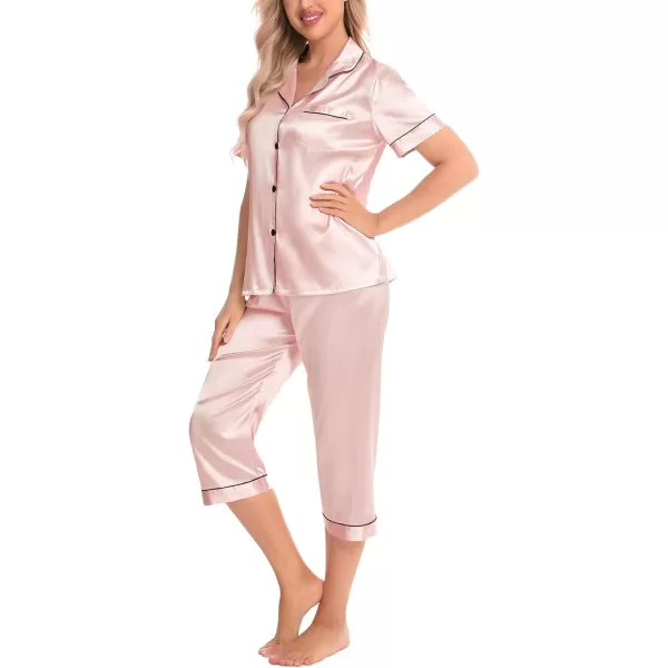 SWOMOG Satin Pajama Set Women Silk Pjs Set Short Sleeve 2 Piece Button Down Sleepwear Lounge SetsBlush Pink