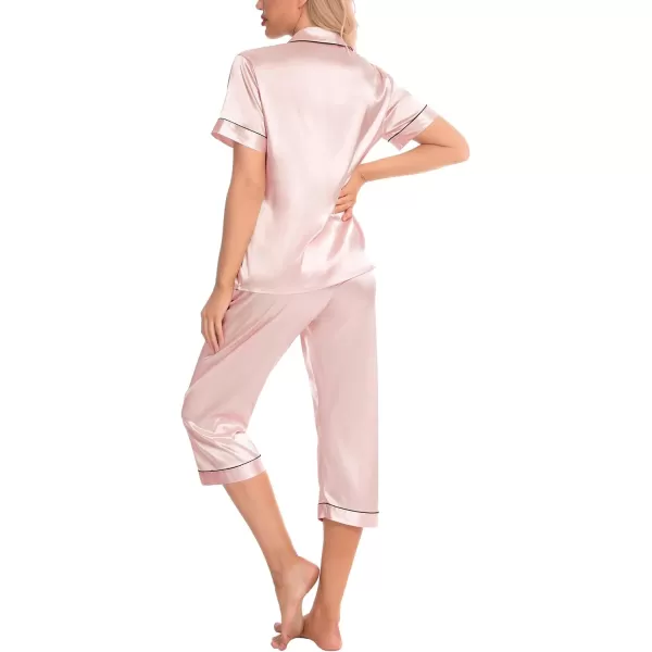 SWOMOG Satin Pajama Set Women Silk Pjs Set Short Sleeve 2 Piece Button Down Sleepwear Lounge SetsBlush Pink