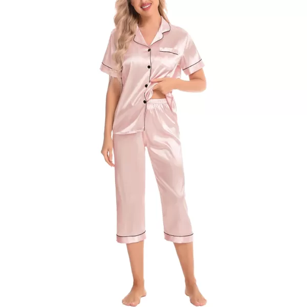 SWOMOG Satin Pajama Set Women Silk Pjs Set Short Sleeve 2 Piece Button Down Sleepwear Lounge SetsBlush Pink