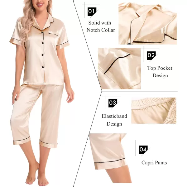 SWOMOG Satin Pajama Set Women Silk Pjs Set Short Sleeve 2 Piece Button Down Sleepwear Lounge SetsChampagne