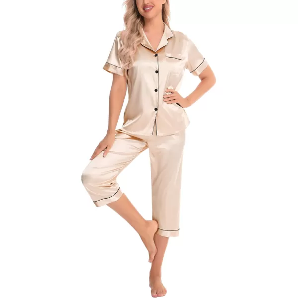 SWOMOG Satin Pajama Set Women Silk Pjs Set Short Sleeve 2 Piece Button Down Sleepwear Lounge SetsChampagne