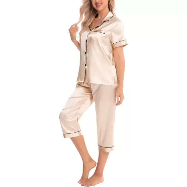 SWOMOG Satin Pajama Set Women Silk Pjs Set Short Sleeve 2 Piece Button Down Sleepwear Lounge SetsChampagne