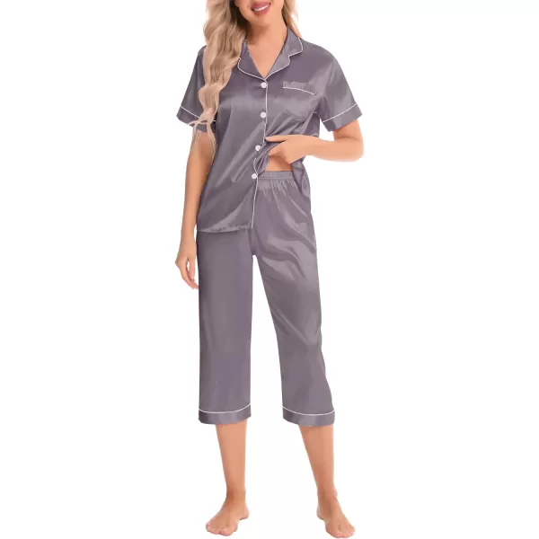 SWOMOG Satin Pajama Set Women Silk Pjs Set Short Sleeve 2 Piece Button Down Sleepwear Lounge SetsChestnut