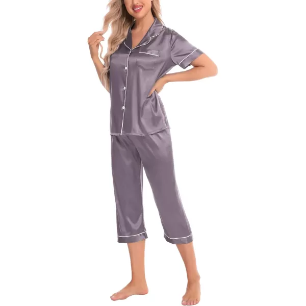 SWOMOG Satin Pajama Set Women Silk Pjs Set Short Sleeve 2 Piece Button Down Sleepwear Lounge SetsChestnut