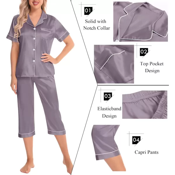 SWOMOG Satin Pajama Set Women Silk Pjs Set Short Sleeve 2 Piece Button Down Sleepwear Lounge SetsChestnut