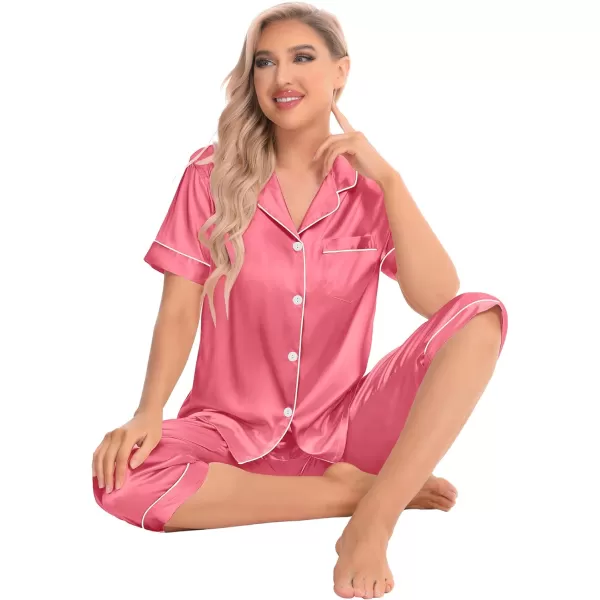 SWOMOG Satin Pajama Set Women Silk Pjs Set Short Sleeve 2 Piece Button Down Sleepwear Lounge SetsCoral Red