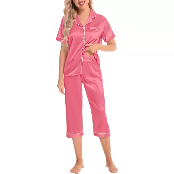 SWOMOG Satin Pajama Set Women Silk Pjs Set Short Sleeve 2 Piece Button Down Sleepwear Lounge SetsCoral Red