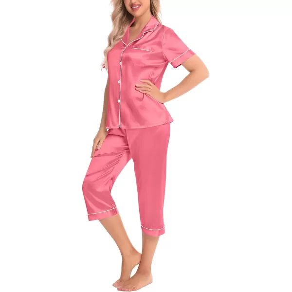 SWOMOG Satin Pajama Set Women Silk Pjs Set Short Sleeve 2 Piece Button Down Sleepwear Lounge SetsCoral Red