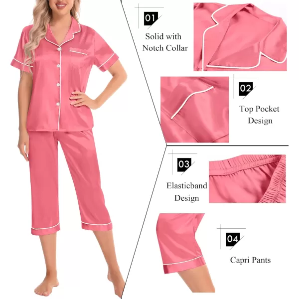 SWOMOG Satin Pajama Set Women Silk Pjs Set Short Sleeve 2 Piece Button Down Sleepwear Lounge SetsCoral Red