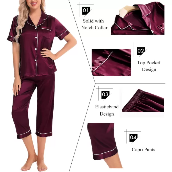 SWOMOG Satin Pajama Set Women Silk Pjs Set Short Sleeve 2 Piece Button Down Sleepwear Lounge SetsDeep Wine Red