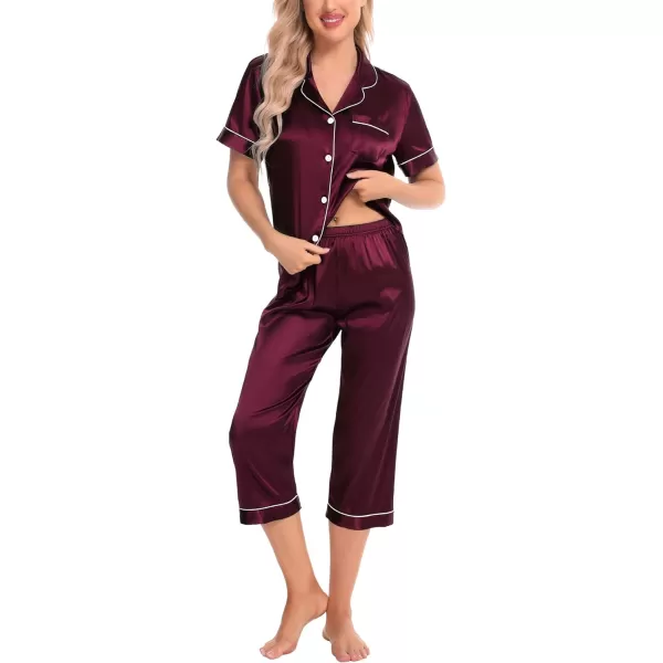 SWOMOG Satin Pajama Set Women Silk Pjs Set Short Sleeve 2 Piece Button Down Sleepwear Lounge SetsDeep Wine Red