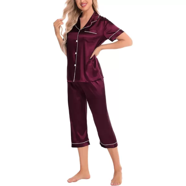 SWOMOG Satin Pajama Set Women Silk Pjs Set Short Sleeve 2 Piece Button Down Sleepwear Lounge SetsDeep Wine Red