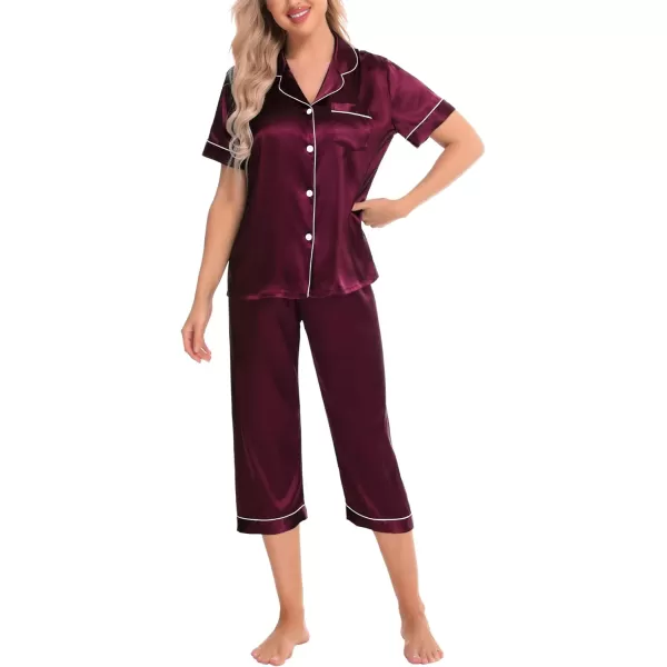 SWOMOG Satin Pajama Set Women Silk Pjs Set Short Sleeve 2 Piece Button Down Sleepwear Lounge SetsDeep Wine Red