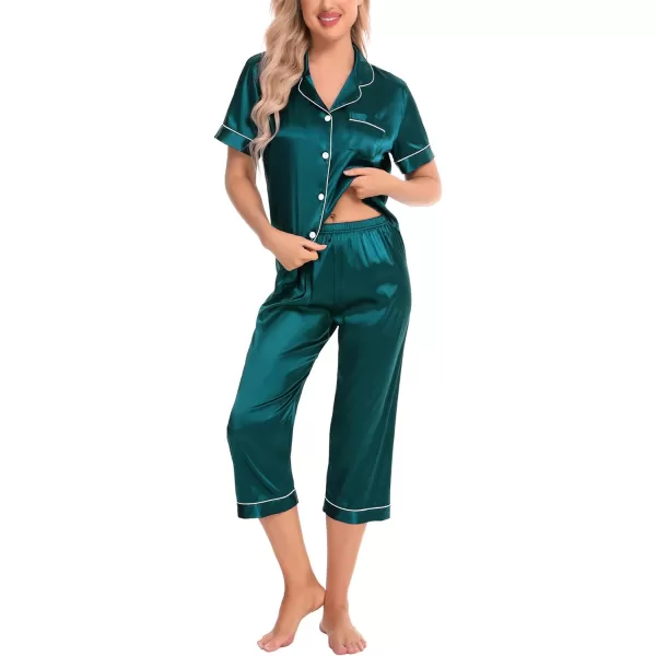 SWOMOG Satin Pajama Set Women Silk Pjs Set Short Sleeve 2 Piece Button Down Sleepwear Lounge SetsGreen