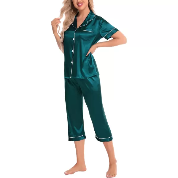 SWOMOG Satin Pajama Set Women Silk Pjs Set Short Sleeve 2 Piece Button Down Sleepwear Lounge SetsGreen