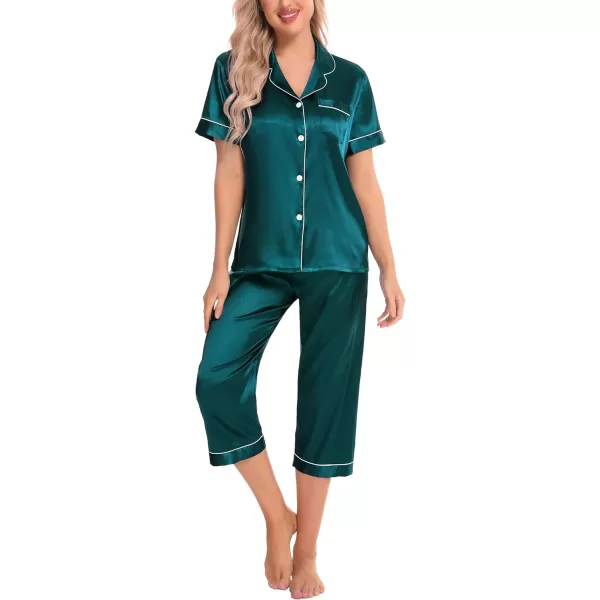 SWOMOG Satin Pajama Set Women Silk Pjs Set Short Sleeve 2 Piece Button Down Sleepwear Lounge SetsGreen