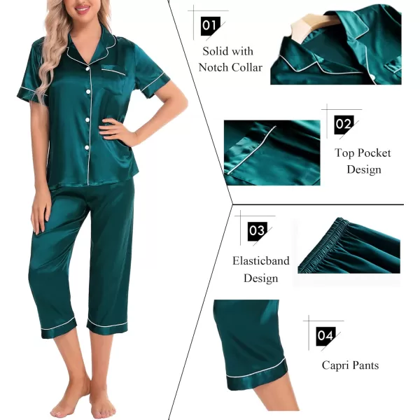 SWOMOG Satin Pajama Set Women Silk Pjs Set Short Sleeve 2 Piece Button Down Sleepwear Lounge SetsGreen