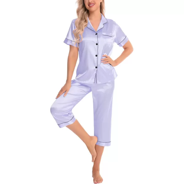 SWOMOG Satin Pajama Set Women Silk Pjs Set Short Sleeve 2 Piece Button Down Sleepwear Lounge SetsLavender