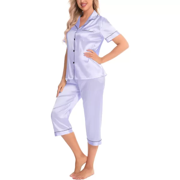 SWOMOG Satin Pajama Set Women Silk Pjs Set Short Sleeve 2 Piece Button Down Sleepwear Lounge SetsLavender