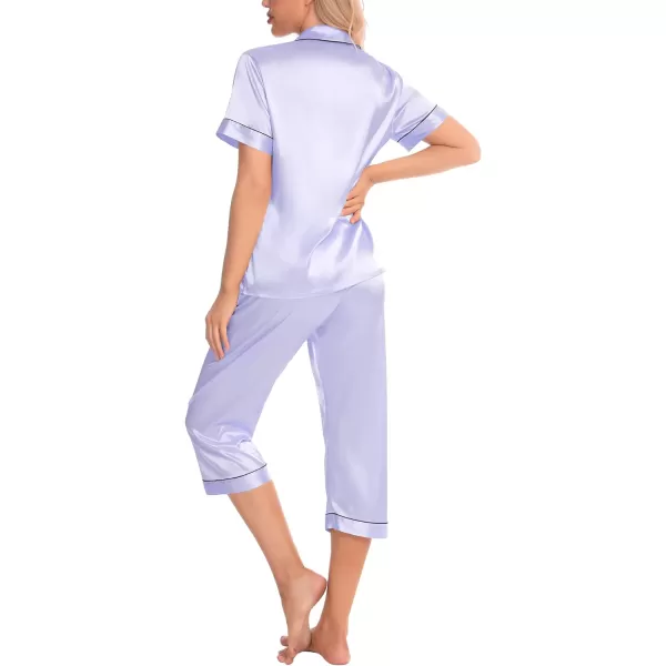 SWOMOG Satin Pajama Set Women Silk Pjs Set Short Sleeve 2 Piece Button Down Sleepwear Lounge SetsLavender