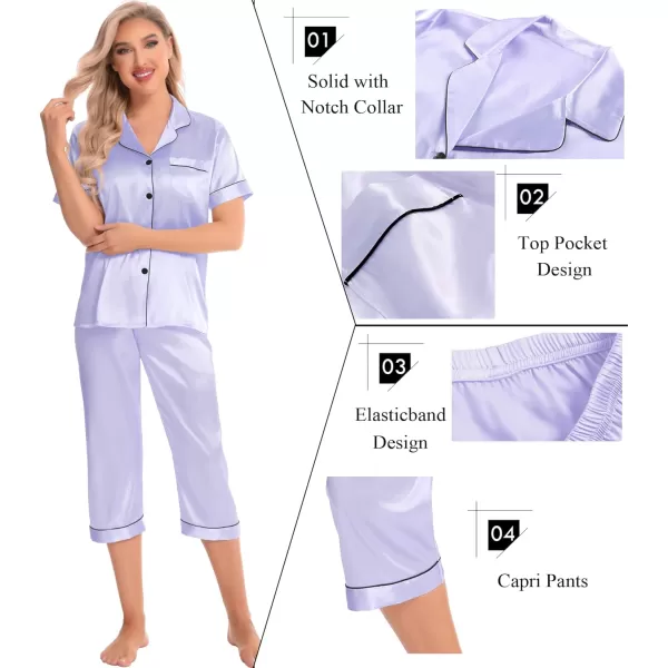 SWOMOG Satin Pajama Set Women Silk Pjs Set Short Sleeve 2 Piece Button Down Sleepwear Lounge SetsLavender