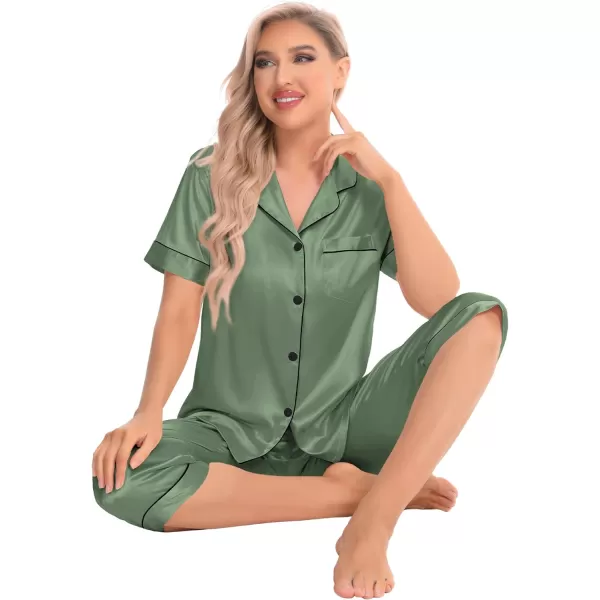 SWOMOG Satin Pajama Set Women Silk Pjs Set Short Sleeve 2 Piece Button Down Sleepwear Lounge SetsMatcha Green